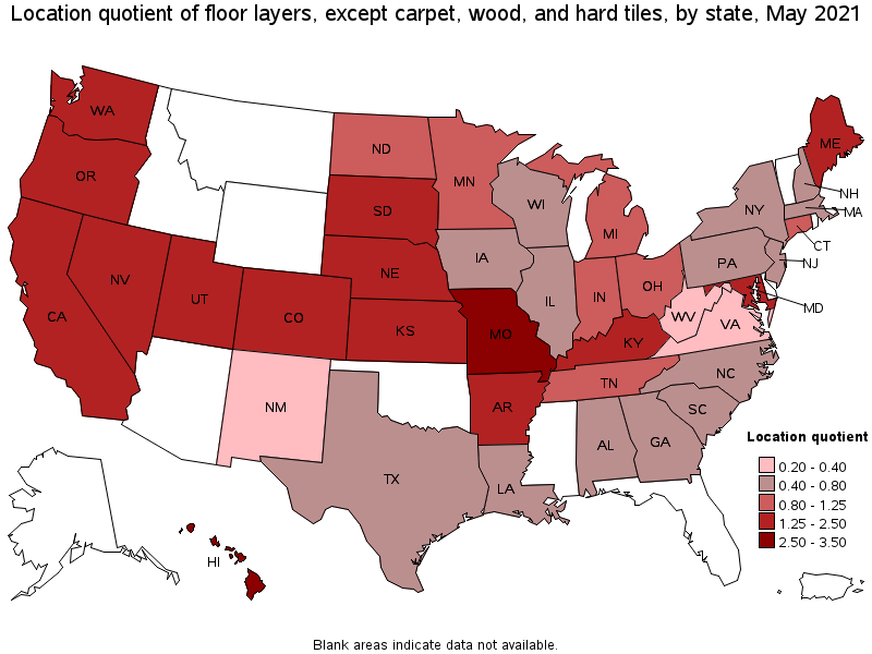 Map of location quotient of floor layers, except carpet, wood, and hard tiles by state, May 2021