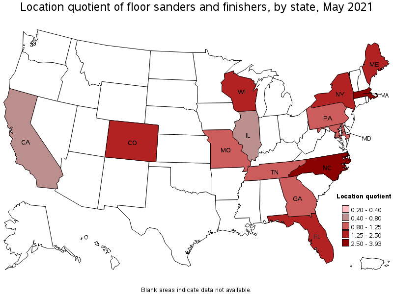 Map of location quotient of floor sanders and finishers by state, May 2021
