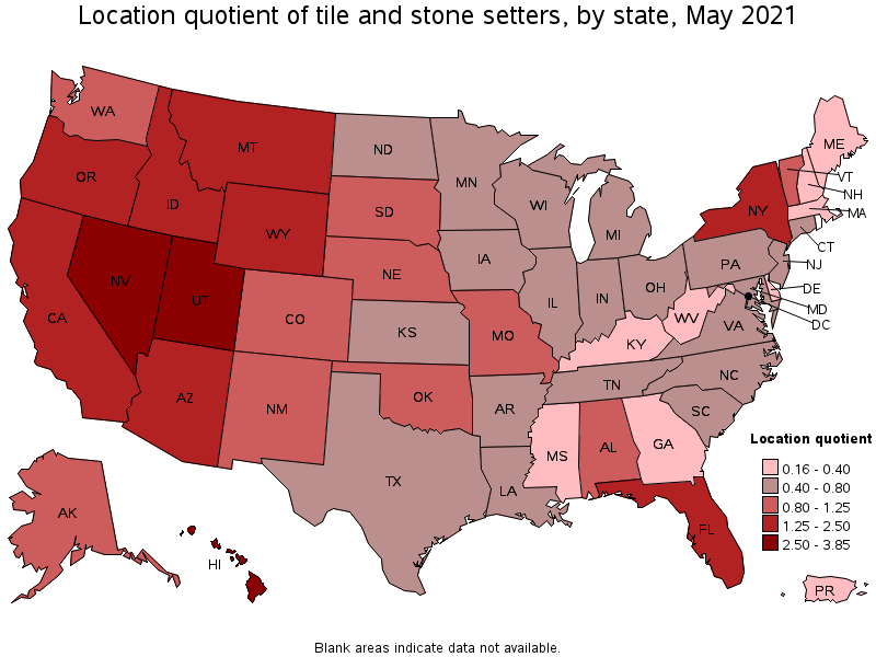 Map of location quotient of tile and stone setters by state, May 2021