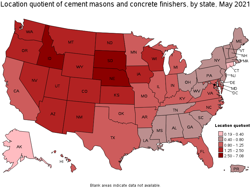 Map of location quotient of cement masons and concrete finishers by state, May 2021