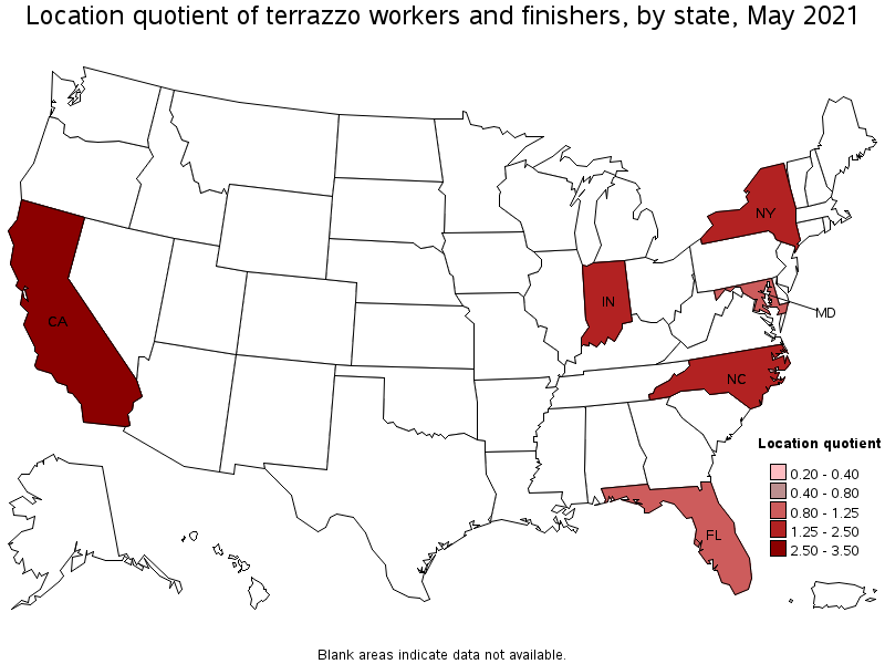 Map of location quotient of terrazzo workers and finishers by state, May 2021