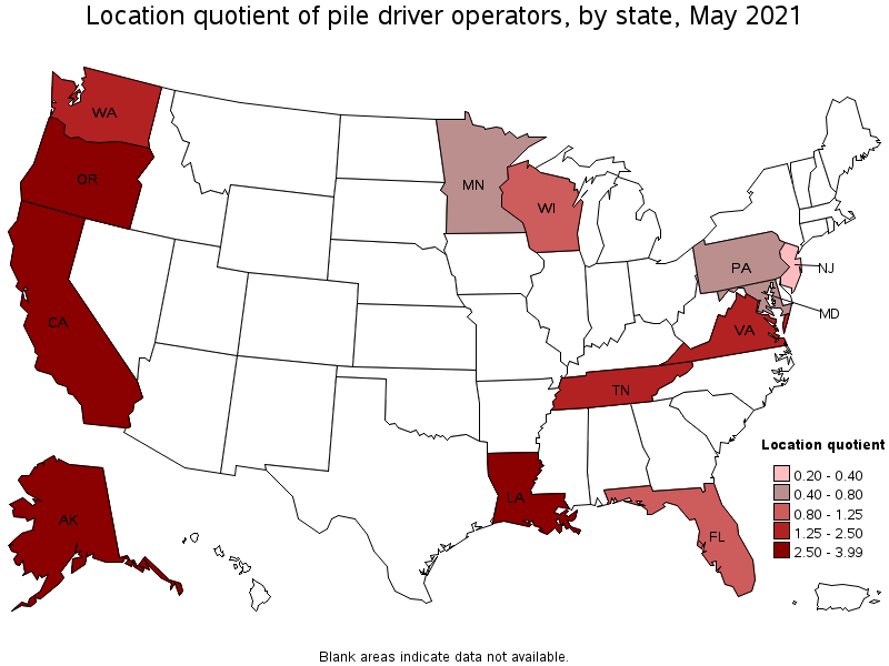 Map of location quotient of pile driver operators by state, May 2021