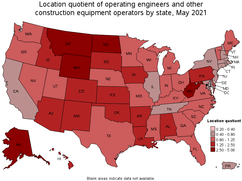 Map of location quotient of operating engineers and other construction equipment operators by state, May 2021