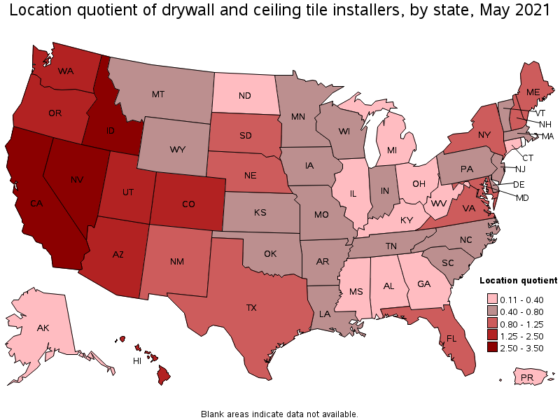 Map of location quotient of drywall and ceiling tile installers by state, May 2021