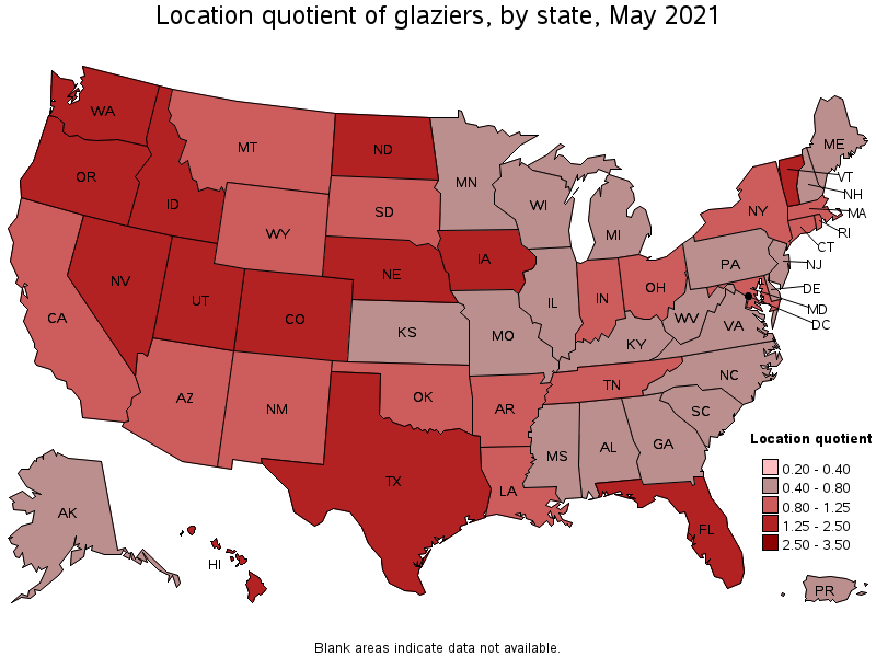 Map of location quotient of glaziers by state, May 2021