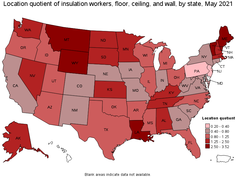 Map of location quotient of insulation workers, floor, ceiling, and wall by state, May 2021