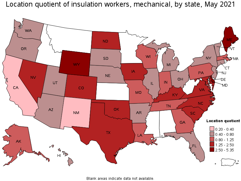 Map of location quotient of insulation workers, mechanical by state, May 2021