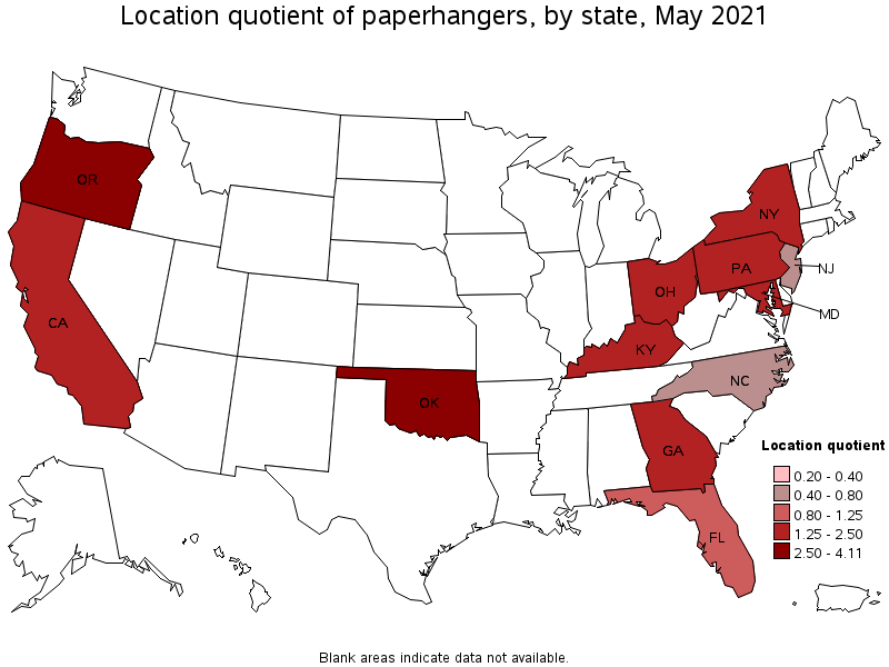 Map of location quotient of paperhangers by state, May 2021