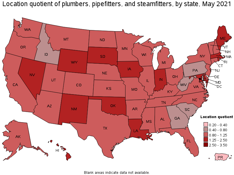Map of location quotient of plumbers, pipefitters, and steamfitters by state, May 2021