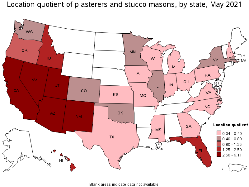 Map of location quotient of plasterers and stucco masons by state, May 2021