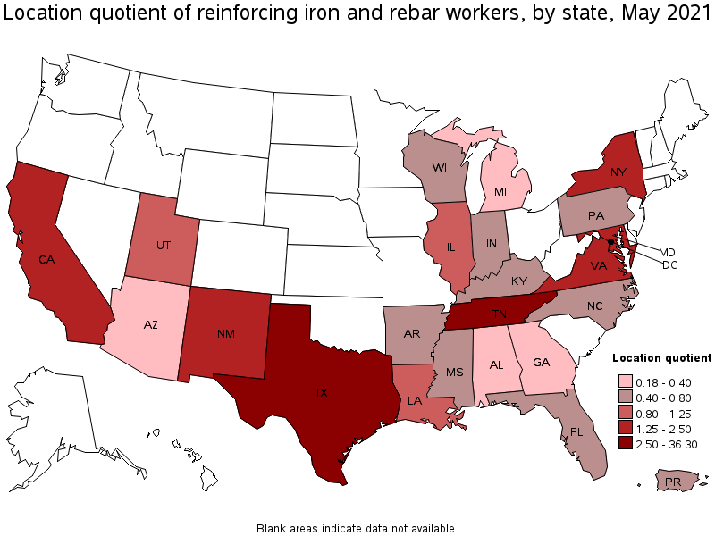 Map of location quotient of reinforcing iron and rebar workers by state, May 2021