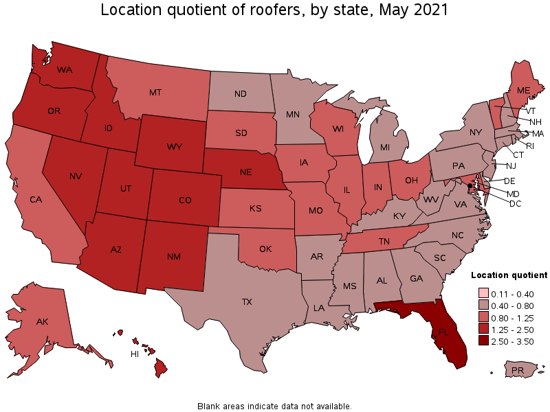 Map of location quotient of roofers by state, May 2021