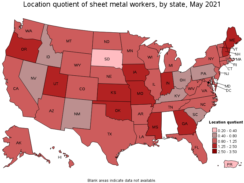 Map of location quotient of sheet metal workers by state, May 2021