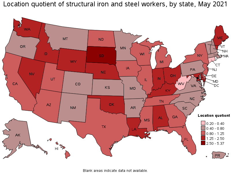 Map of location quotient of structural iron and steel workers by state, May 2021