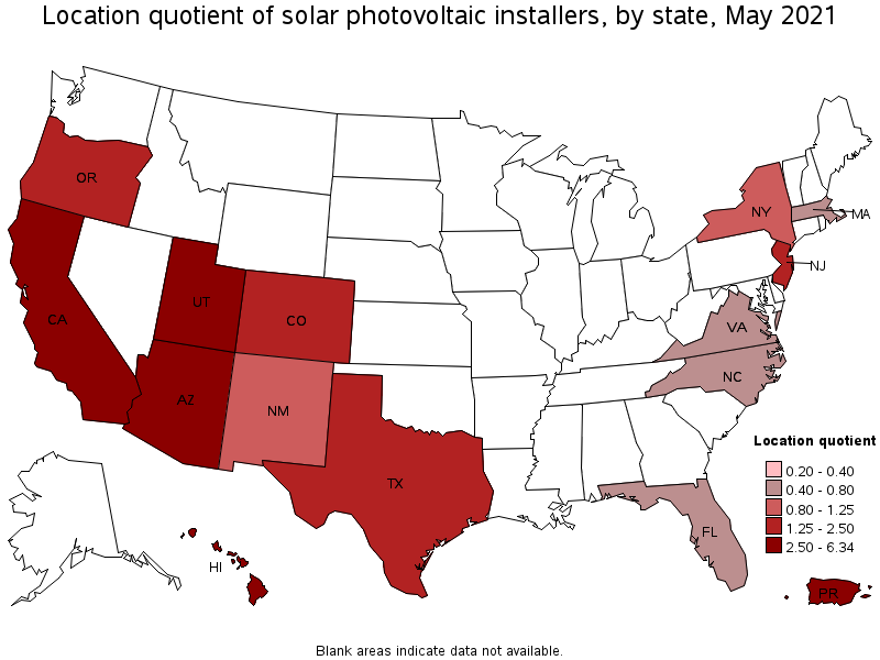 Map of location quotient of solar photovoltaic installers by state, May 2021