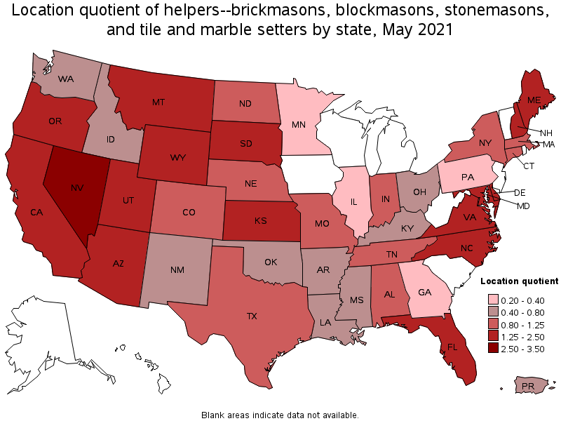 Map of location quotient of helpers--brickmasons, blockmasons, stonemasons, and tile and marble setters by state, May 2021