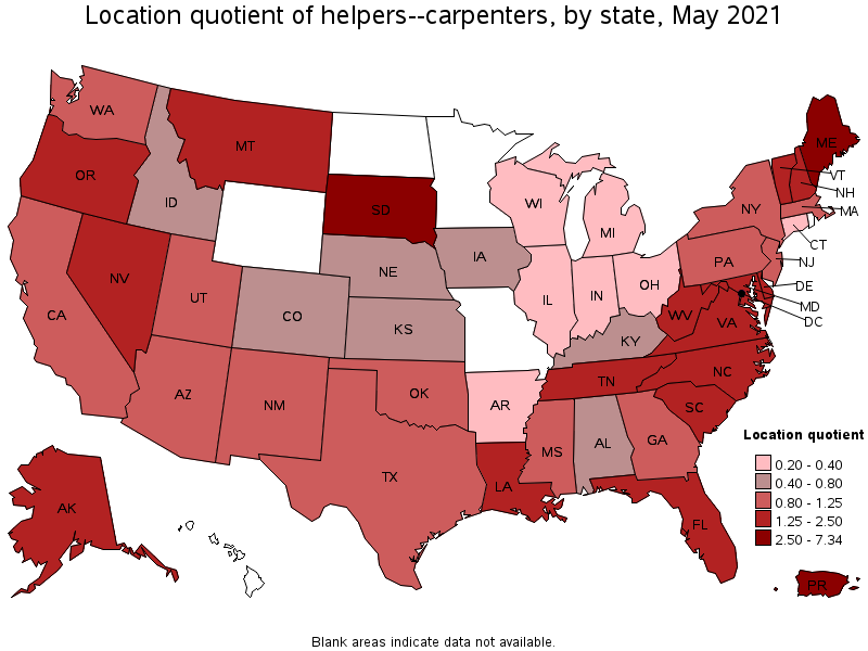 Map of location quotient of helpers--carpenters by state, May 2021