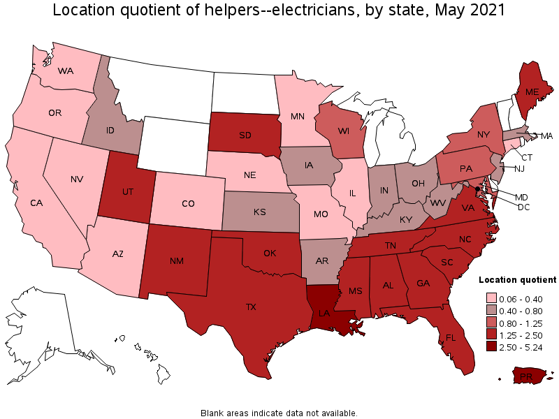 Map of location quotient of helpers--electricians by state, May 2021