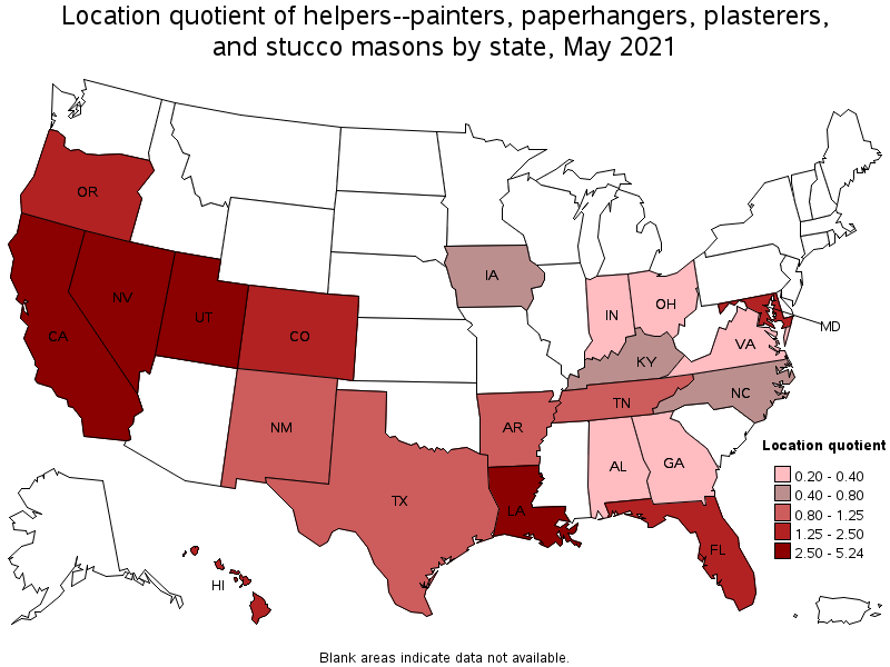 Map of location quotient of helpers--painters, paperhangers, plasterers, and stucco masons by state, May 2021