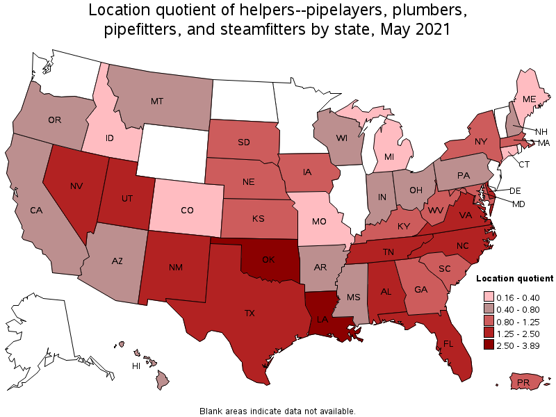 Map of location quotient of helpers--pipelayers, plumbers, pipefitters, and steamfitters by state, May 2021