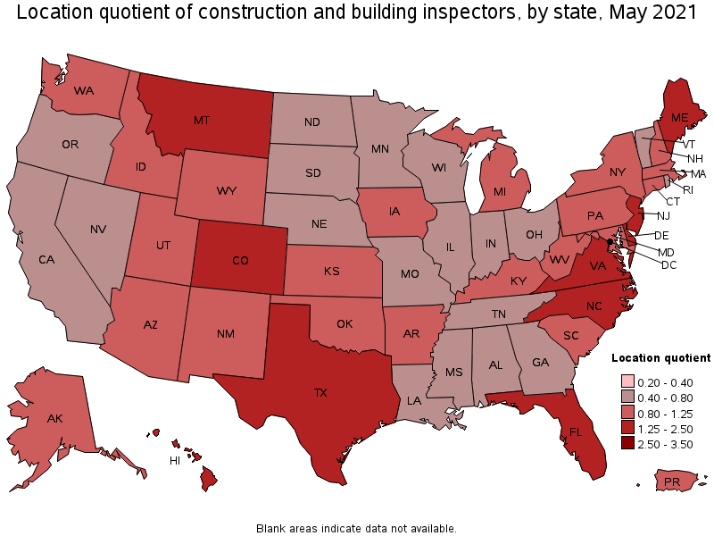 Map of location quotient of construction and building inspectors by state, May 2021