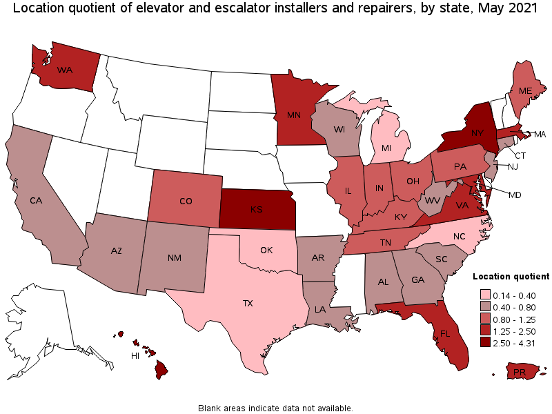 Map of location quotient of elevator and escalator installers and repairers by state, May 2021