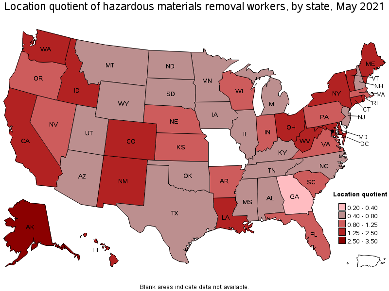Map of location quotient of hazardous materials removal workers by state, May 2021