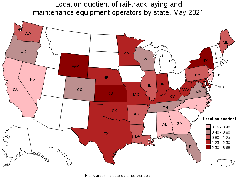 Map of location quotient of rail-track laying and maintenance equipment operators by state, May 2021