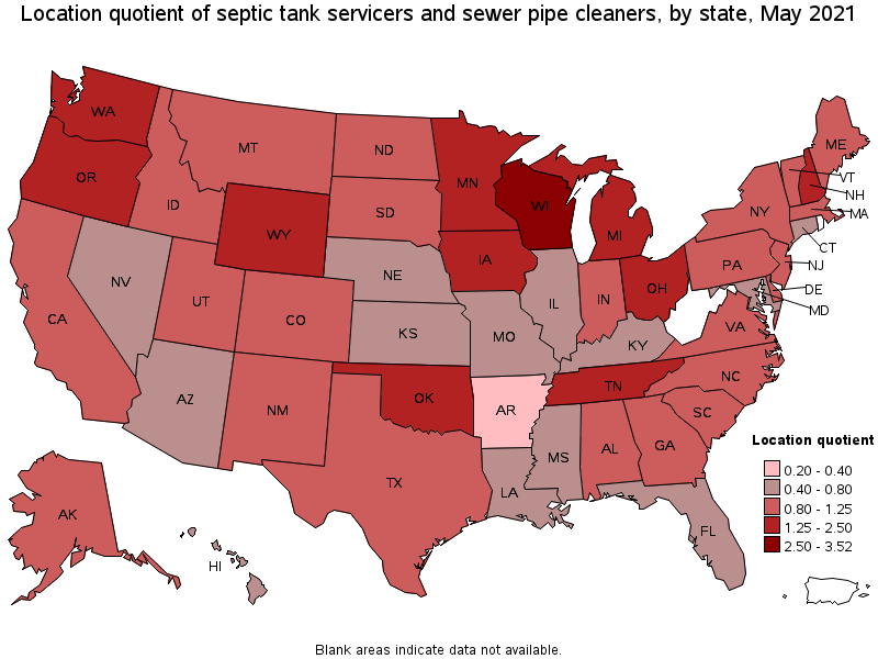 Map of location quotient of septic tank servicers and sewer pipe cleaners by state, May 2021