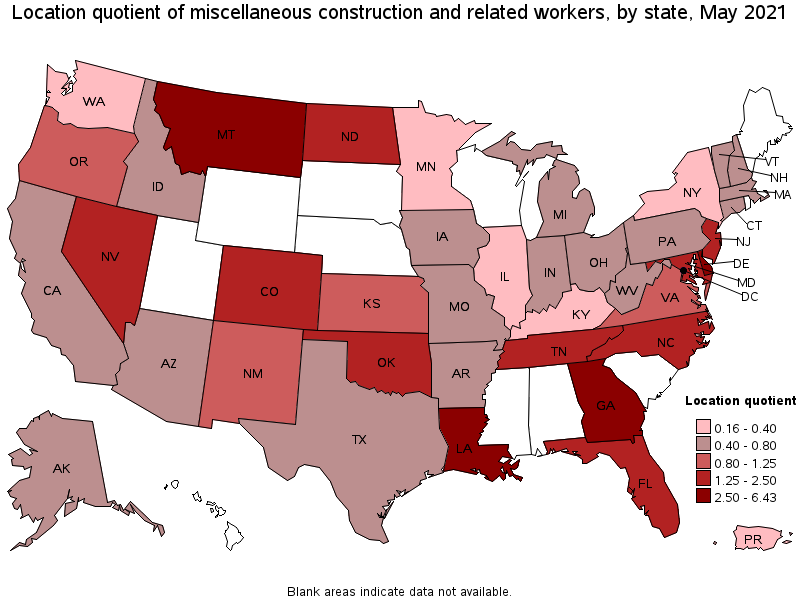 Map of location quotient of miscellaneous construction and related workers by state, May 2021