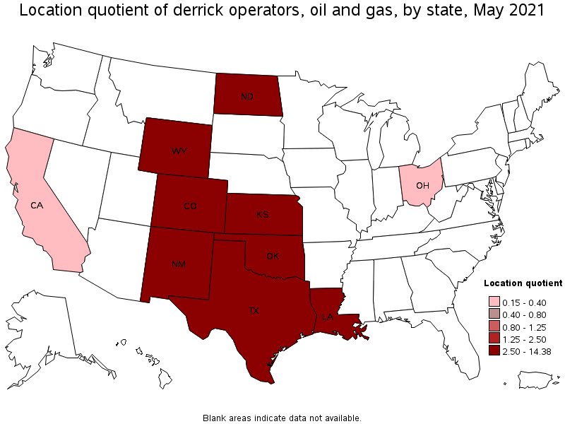 Map of location quotient of derrick operators, oil and gas by state, May 2021