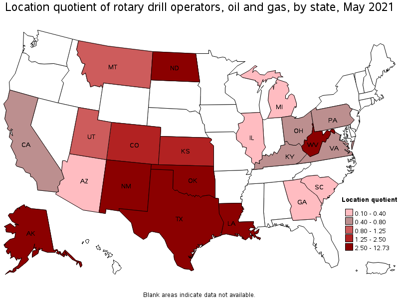 Map of location quotient of rotary drill operators, oil and gas by state, May 2021