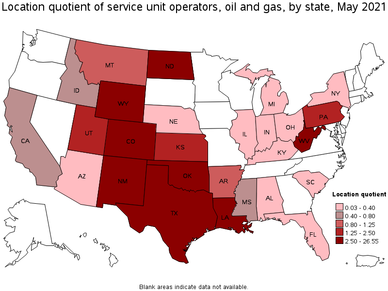 Map of location quotient of service unit operators, oil and gas by state, May 2021
