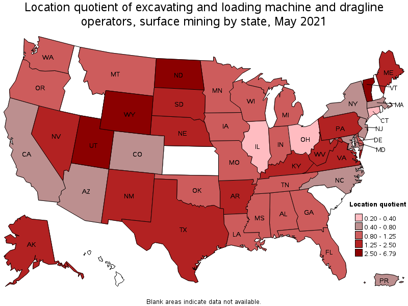 Map of location quotient of excavating and loading machine and dragline operators, surface mining by state, May 2021