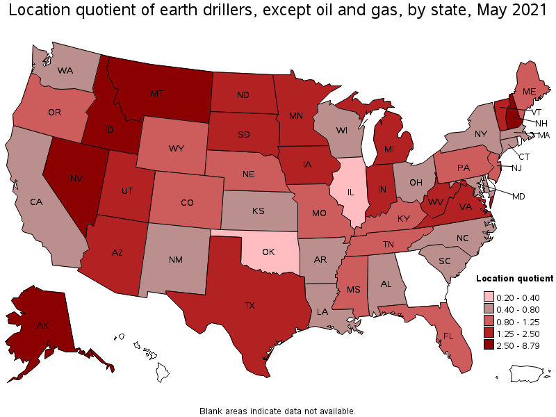 Map of location quotient of earth drillers, except oil and gas by state, May 2021