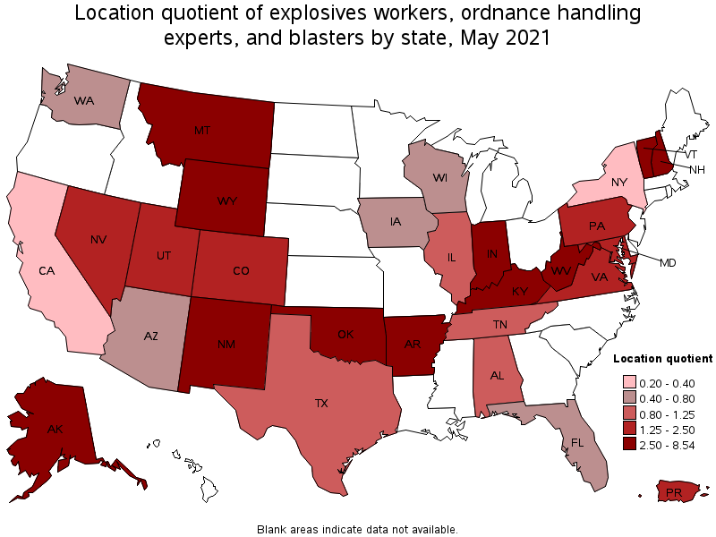 Map of location quotient of explosives workers, ordnance handling experts, and blasters by state, May 2021