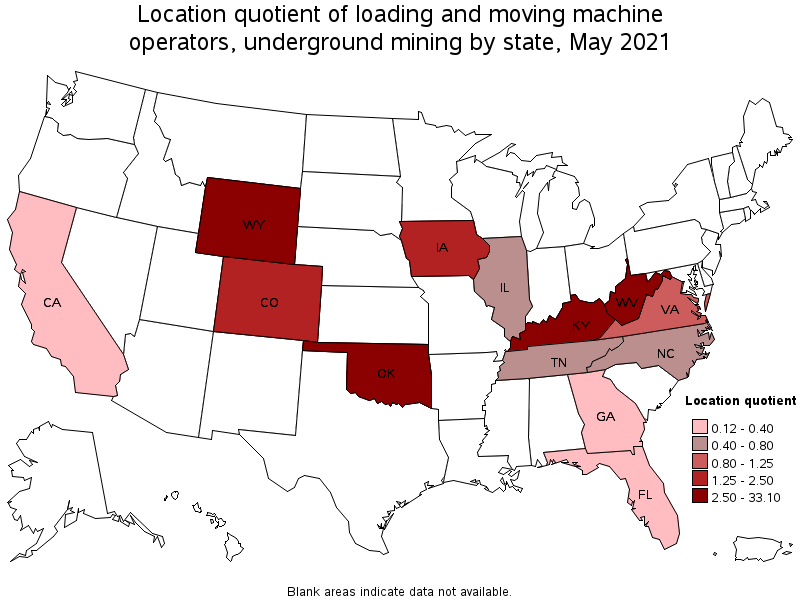 Map of location quotient of loading and moving machine operators, underground mining by state, May 2021