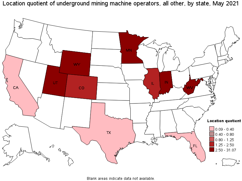 Map of location quotient of underground mining machine operators, all other by state, May 2021