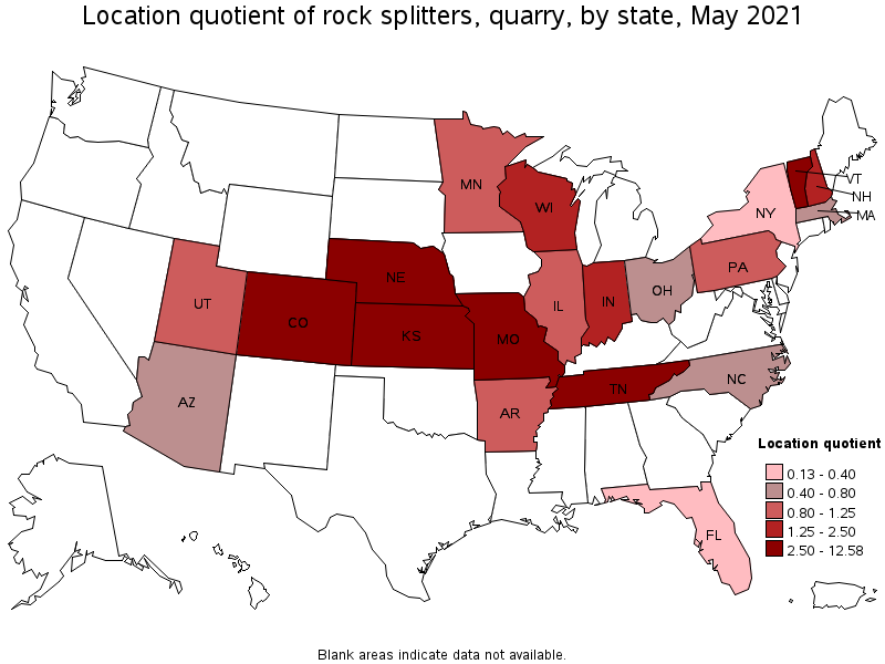 Map of location quotient of rock splitters, quarry by state, May 2021