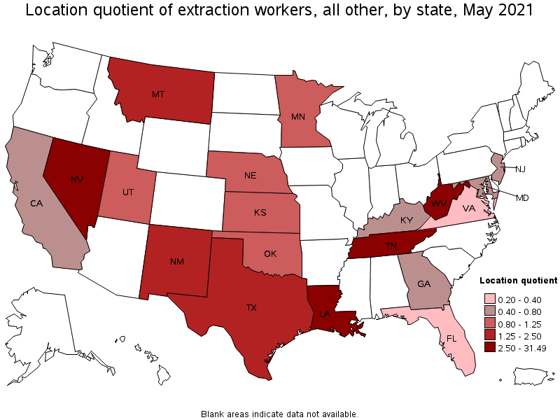 Map of location quotient of extraction workers, all other by state, May 2021