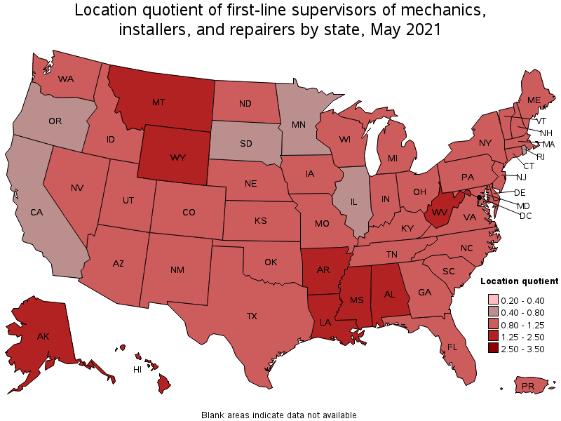 Map of location quotient of first-line supervisors of mechanics, installers, and repairers by state, May 2021