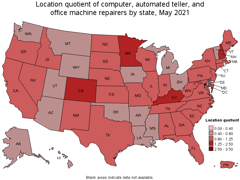 Map of location quotient of computer, automated teller, and office machine repairers by state, May 2021