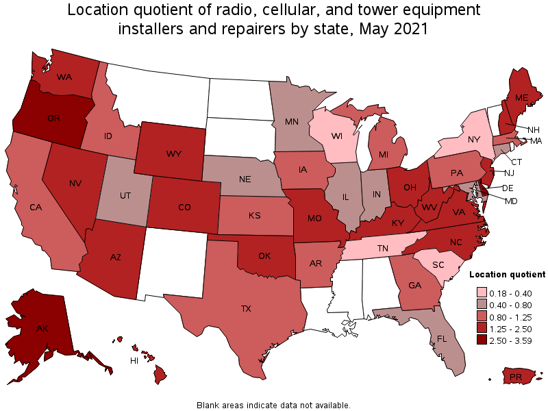 Map of location quotient of radio, cellular, and tower equipment installers and repairers by state, May 2021