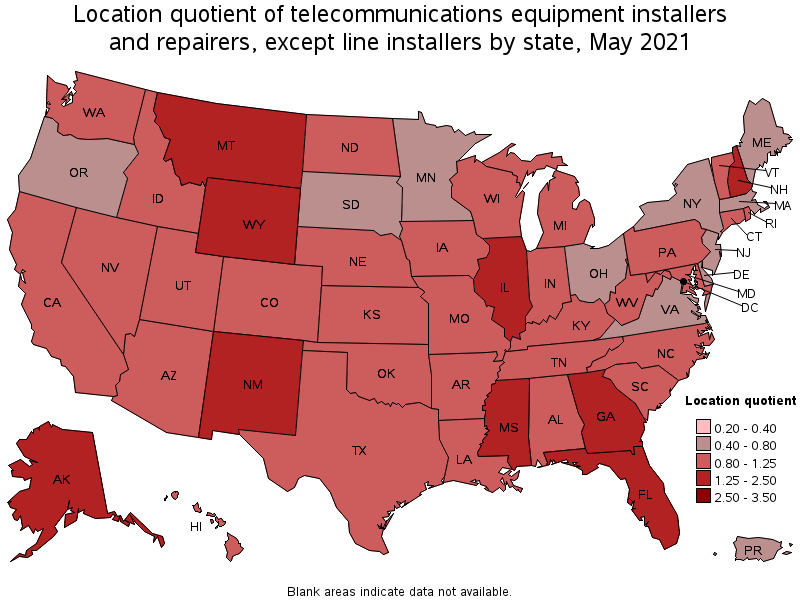 Map of location quotient of telecommunications equipment installers and repairers, except line installers by state, May 2021