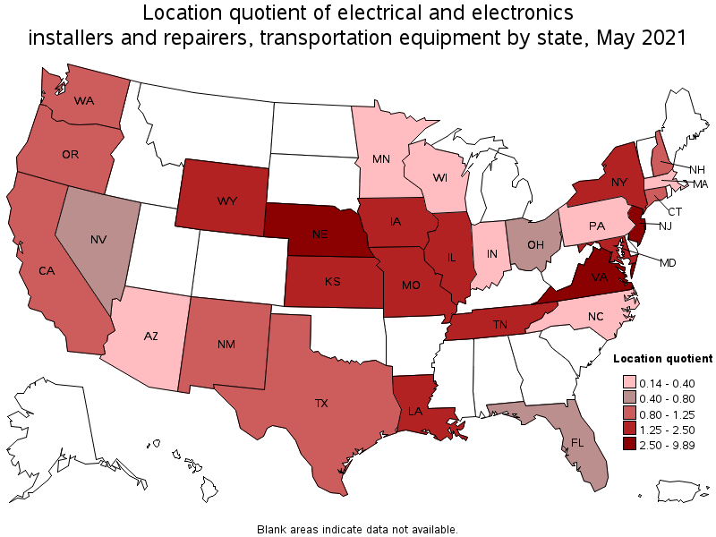 Map of location quotient of electrical and electronics installers and repairers, transportation equipment by state, May 2021