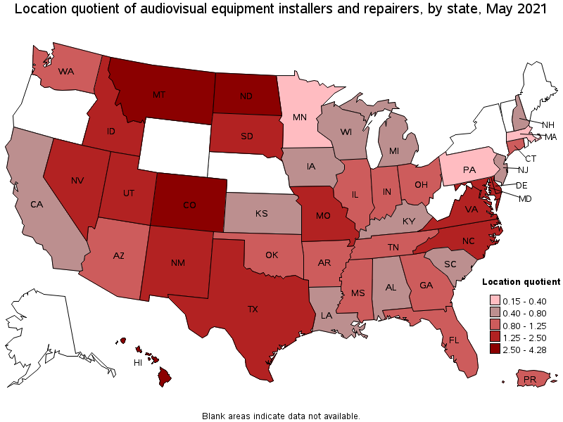 Map of location quotient of audiovisual equipment installers and repairers by state, May 2021