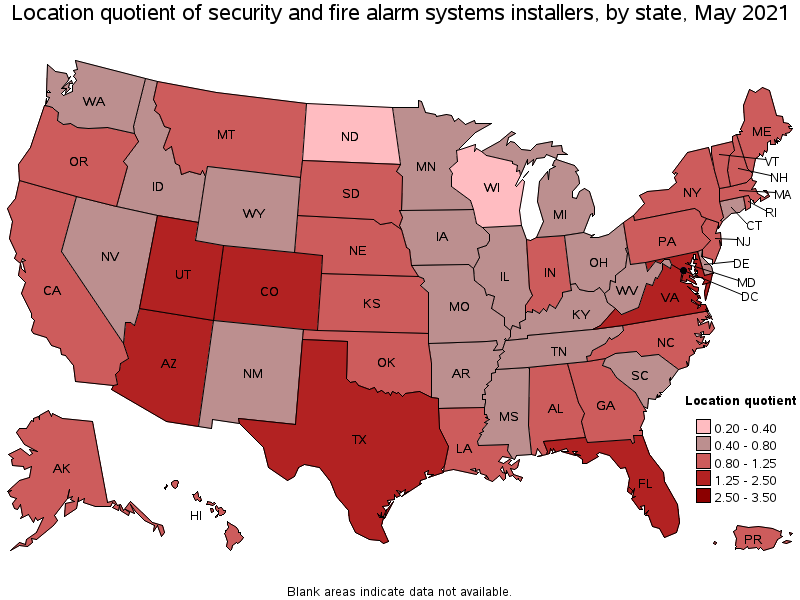 Map of location quotient of security and fire alarm systems installers by state, May 2021