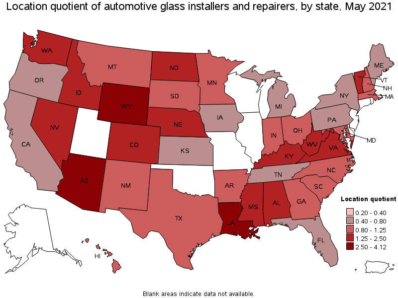 Map of location quotient of automotive glass installers and repairers by state, May 2021