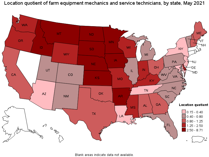 Map of location quotient of farm equipment mechanics and service technicians by state, May 2021