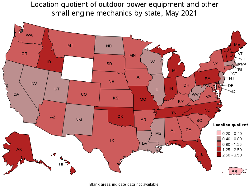 Map of location quotient of outdoor power equipment and other small engine mechanics by state, May 2021